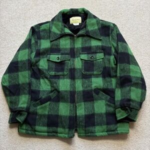 Vtg Melton Jacket Mens XL Green Buffalo Plaid Wool Fur Lined Hunting 60s 70s